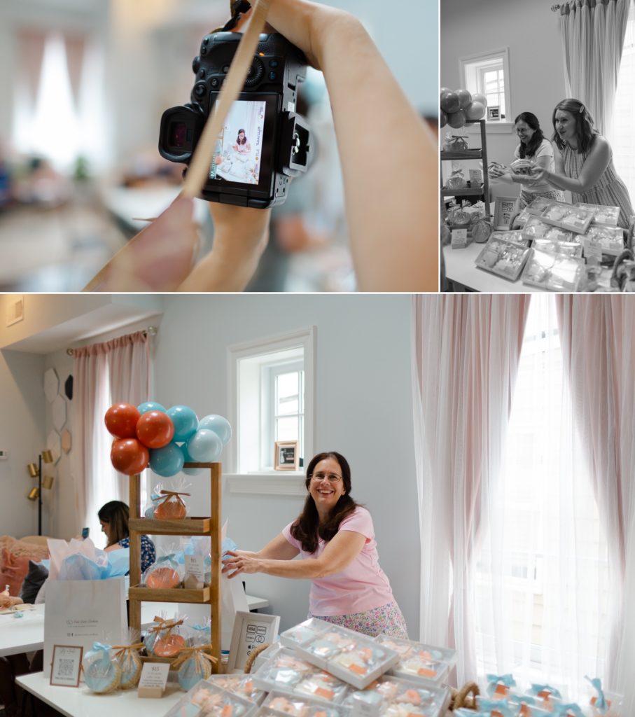 Picture of the back of a canon camera on left. Kate and her mom on the right in black in white and Kate's mom working the cookie table on the bottom.