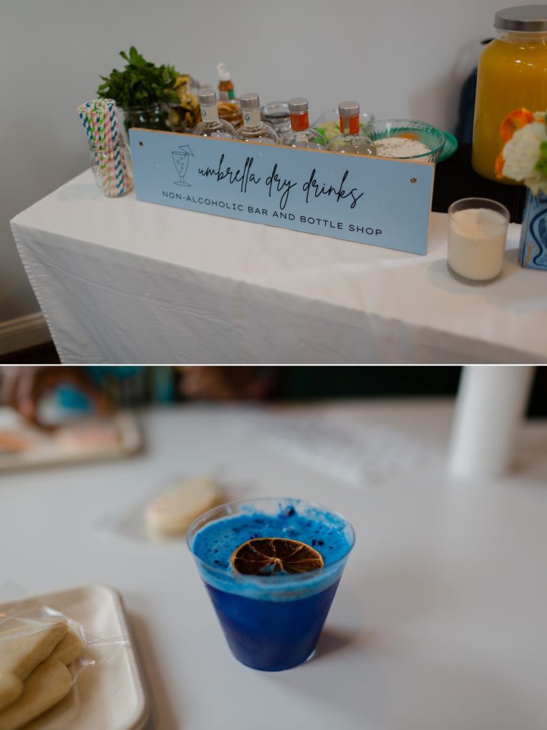 Umbrella dry drinks table image on the top and their Cookie Monster blue non-alcoholic drink on the bottom.