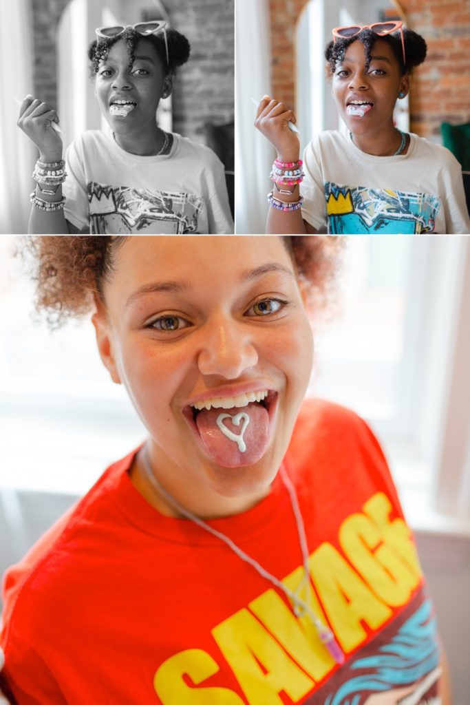 Teen and tween girls with icing on their tongues being silly.