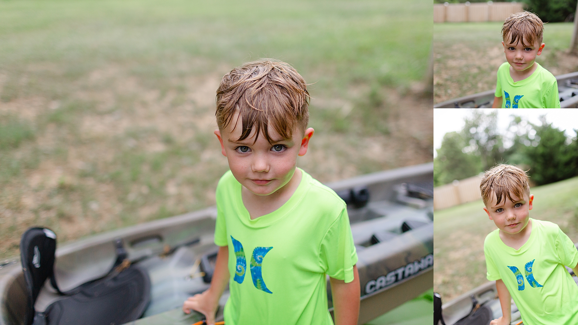 Four year old male portrait next to a canoe