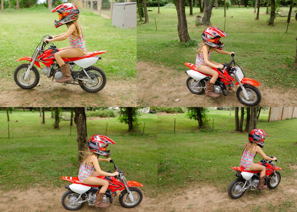 Seven year old girl riding a Honda dirt bike in her backyard with a swimsuit and cowboy boots on.