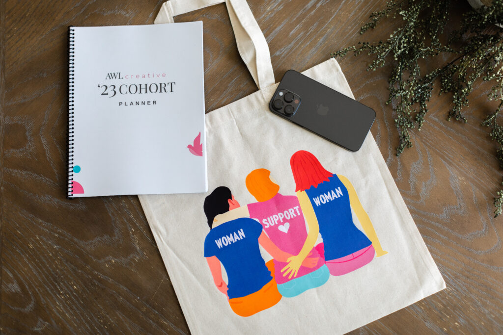 Planner and tote bag with women on it.